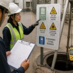 A safety officer and a worker review a confined space entry permit while pointing to pictograms for atmospheric hazards beside a manhole entry.