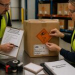 A safety inspector and a warehouse worker apply an explosive hazard label and UN compatibility group marking to a shipping box at a packing table.