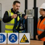 A safety officer shows a fall arrest harness while a worker reviews harness, anchor point, and edge warning pictogram signs on a table.