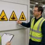 A safety manager points to cut, crush, and pinch hazard hand safety pictograms on a training board while a worker watches in an industrial setting.