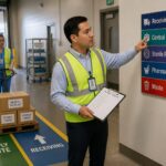 A hospital logistics coordinator points to English wayfinding signs while a woman moves medical supply boxes on a pallet jack near a receiving dock corridor.