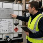 A warehouse safety inspector points to compliance labels and hazard markings on an IBC tote while holding a clipboard.