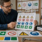A safety engineer reviews printed ISO style safety label symbols on a desk with standardized warning, prohibition, mandatory, and emergency sign samples.