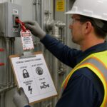 A safety worker locks out an electrical disconnect and holds a clipboard with lockout tagout pictograms in an industrial facility.