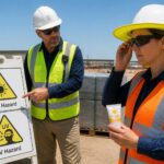 A safety supervisor points to solar and UV hazard pictograms on a sign while an outdoor worker puts on UV safety glasses and adjusts sun protection gear.