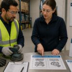 A safety specialist shows a warehouse worker vibration and ergonomic hazard pictograms on a laminated sheet beside a handheld vibrating tool and anti vibration gloves.