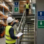 Safety manager in a warehouse points to vertical navigation signs on a stairway leading to a mezzanine and upper floor while a worker stands on the landing